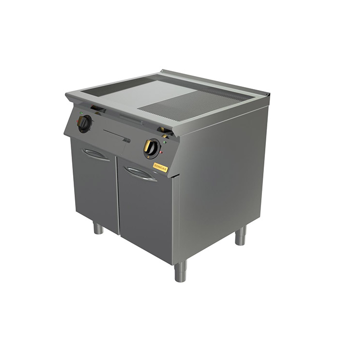 Поверхность жарочная Montona Optima, хромированная, 2 зоны (1/2 гладкая, 1/2 рифленая), закрытая подставка